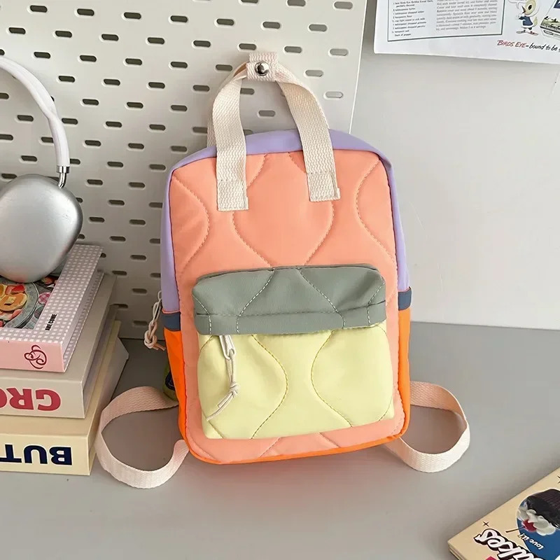 Childrens Casual Fashion Bag Boys and Girls Canvas Two-shoulder Bags Baby Color Matching Quilted Backpack School Bags 250813