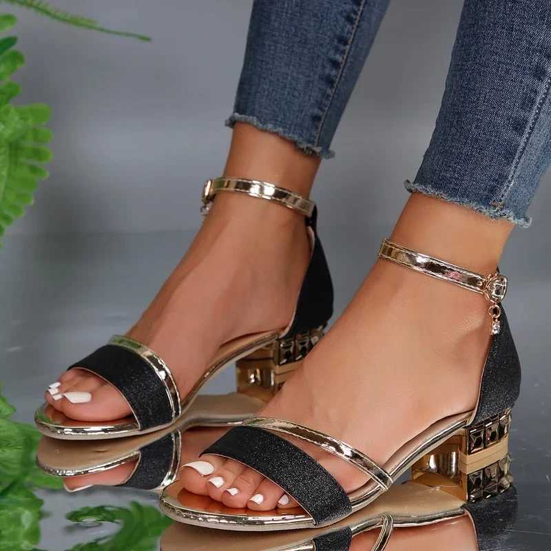 2024 Women Sandals Heels Casual Shoes Womens Open Toe Summer Gold Shoes Square Female Ankle Strap Low Heels Footwear Woman W250814