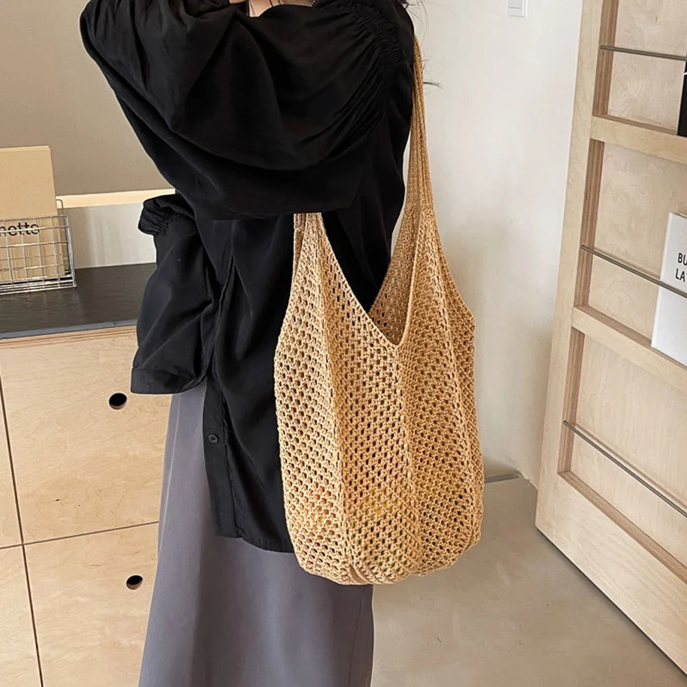 Women Knitting Shoulder Bag Large Capacity Knitting Underarm Bag Solid Crochet Tote Handbag Summer Mesh Beach Bag Hobo Bag250813