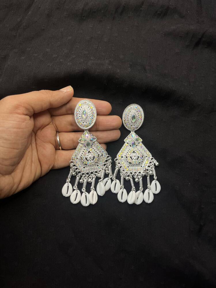 Emerald White Sier Chandbali Indian Fashion Earrings Long Tassel Oxidized Two-tone Tribal Style India