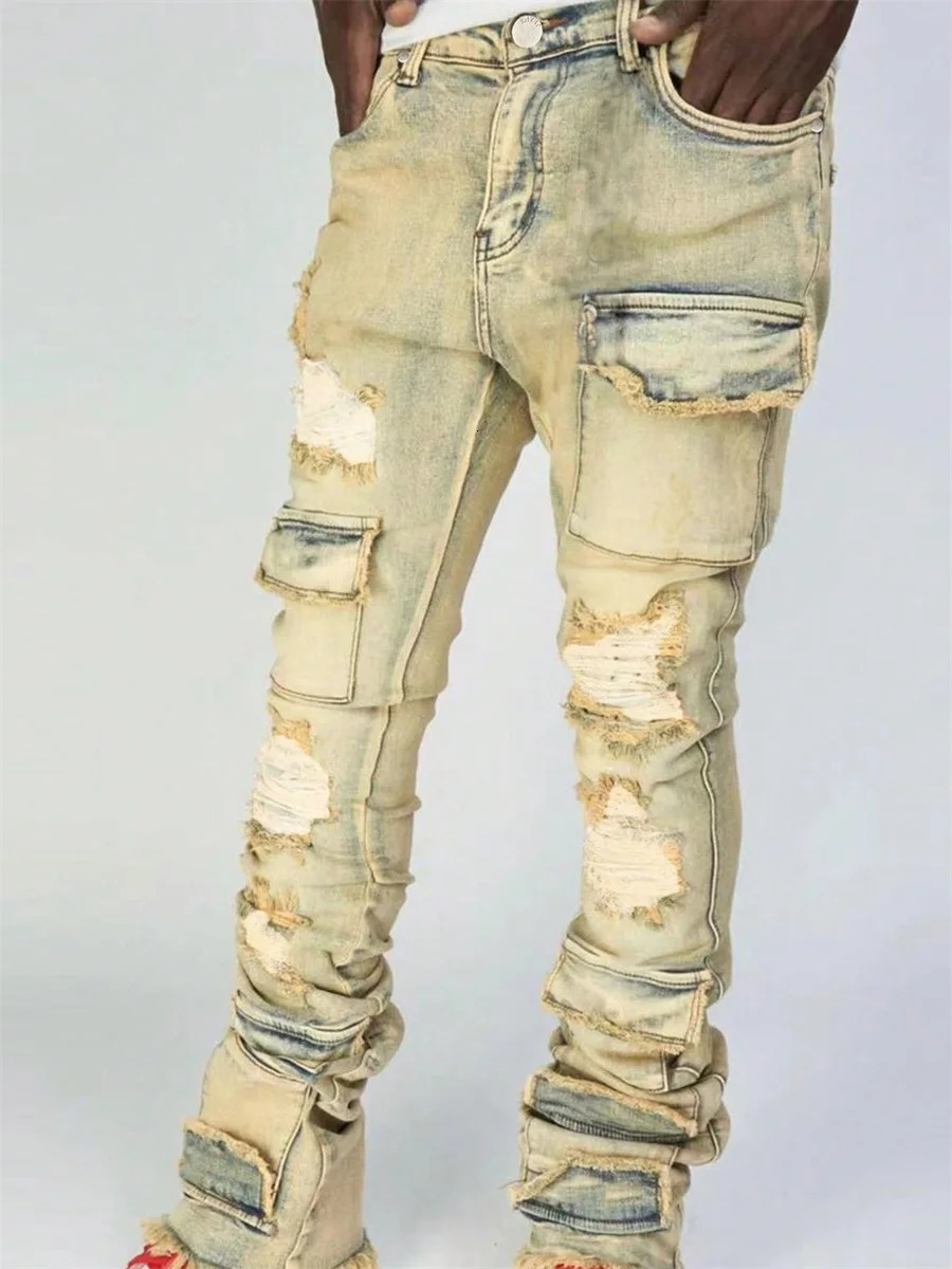 Men Ripped Denim Pants Distressed Skinny Cargo Pants Casual Trousers with Pockets for Streetwear Autumn Spring Clothes Punk Y2K 250813