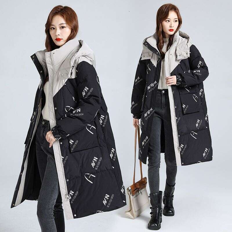 2025 Mid To Long Down For Women In , New Thick Warm Winter Clothing, Printed And Spliced Cotton Jacket