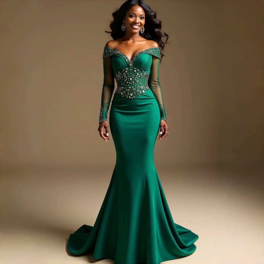 Elegant Emerald Green Mermaid Evening Dresses Off Shoulder Long Sleeves Crystals Beaded Satin Formal Occasion Gown African Prom Dress
