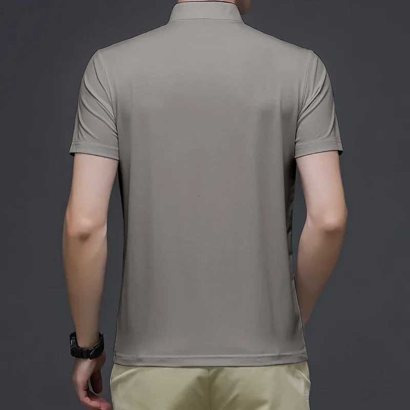 2025 Mens Casual Fashion Solid Color Short Sleeved Polo Shirt Stand Up Collar Versatile Comfortable Top XJ250804