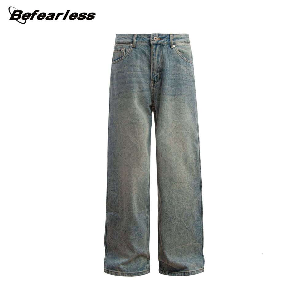 American Washed Lightning Pattern Jeans Unisex Trendy High Street Vibe Loose Casual Draped Straight Long Pants B5