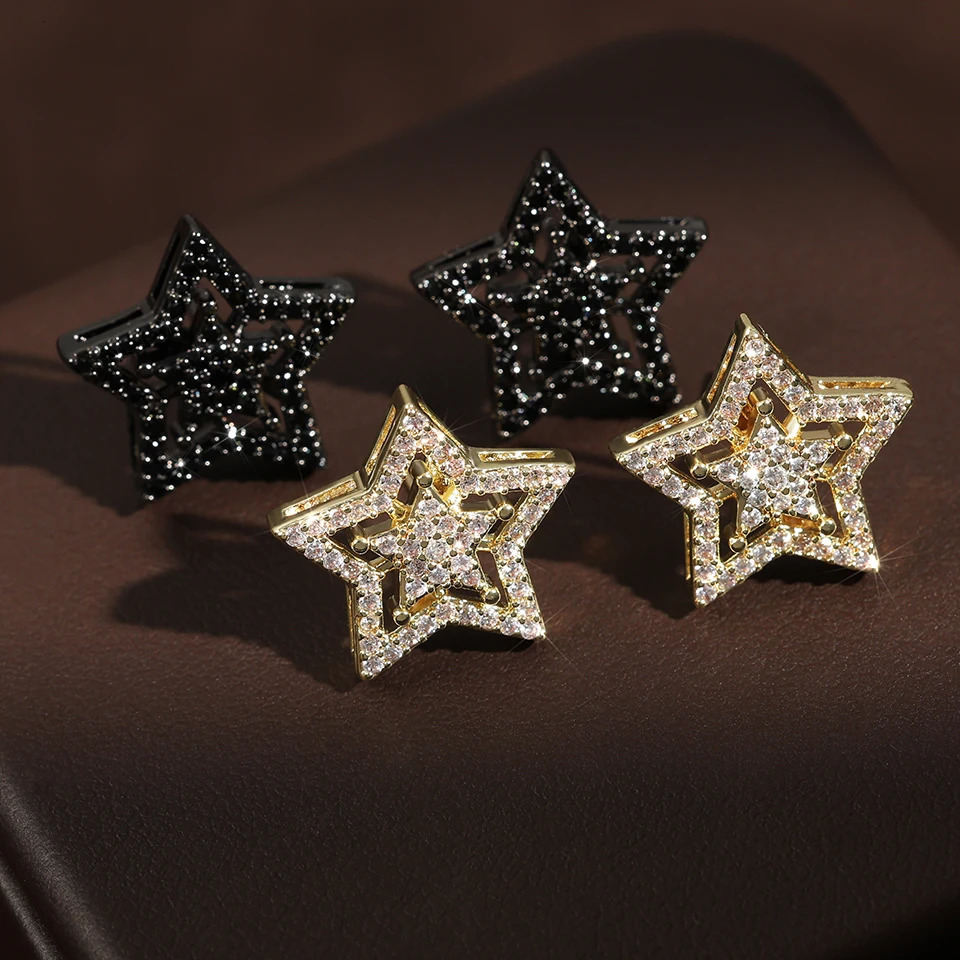 Fashion Hollow Five-pointed Star Cubic Zirconia Earring Men Gold Color Copper Metal Couple Earrings Party Daily Jewelry 250812