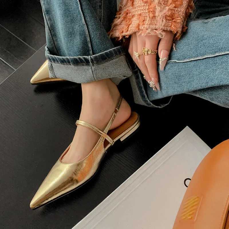New Women Baotou Patent Leather One Line Buckle Strap Cat Heel Sandals Female Sexy Black Silk Pointed Thin Heel Flat Shoes W250814