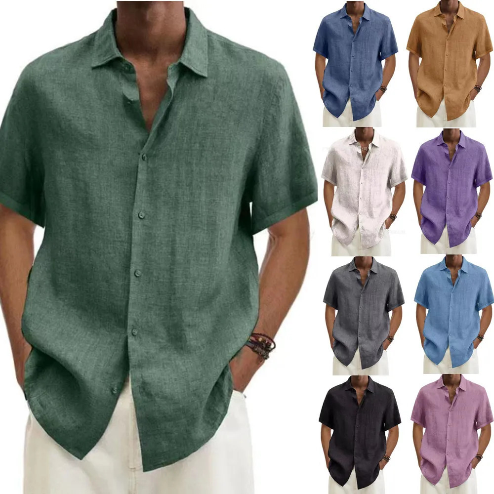 Basic Summer Mens Shirt Cotton Linen Shortsleeved Button Lapel Simple Top Casual Office Blouses for Male 250804