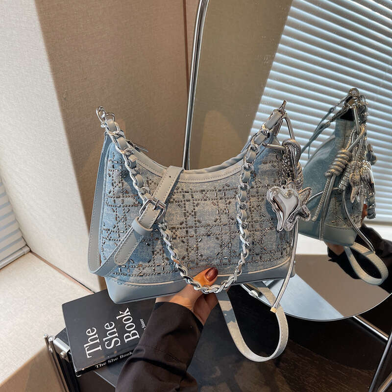 Summer New 2025 Denim Blue Rhinestone Sequin Fashionable High-End Single Shoulder Basket Handbag