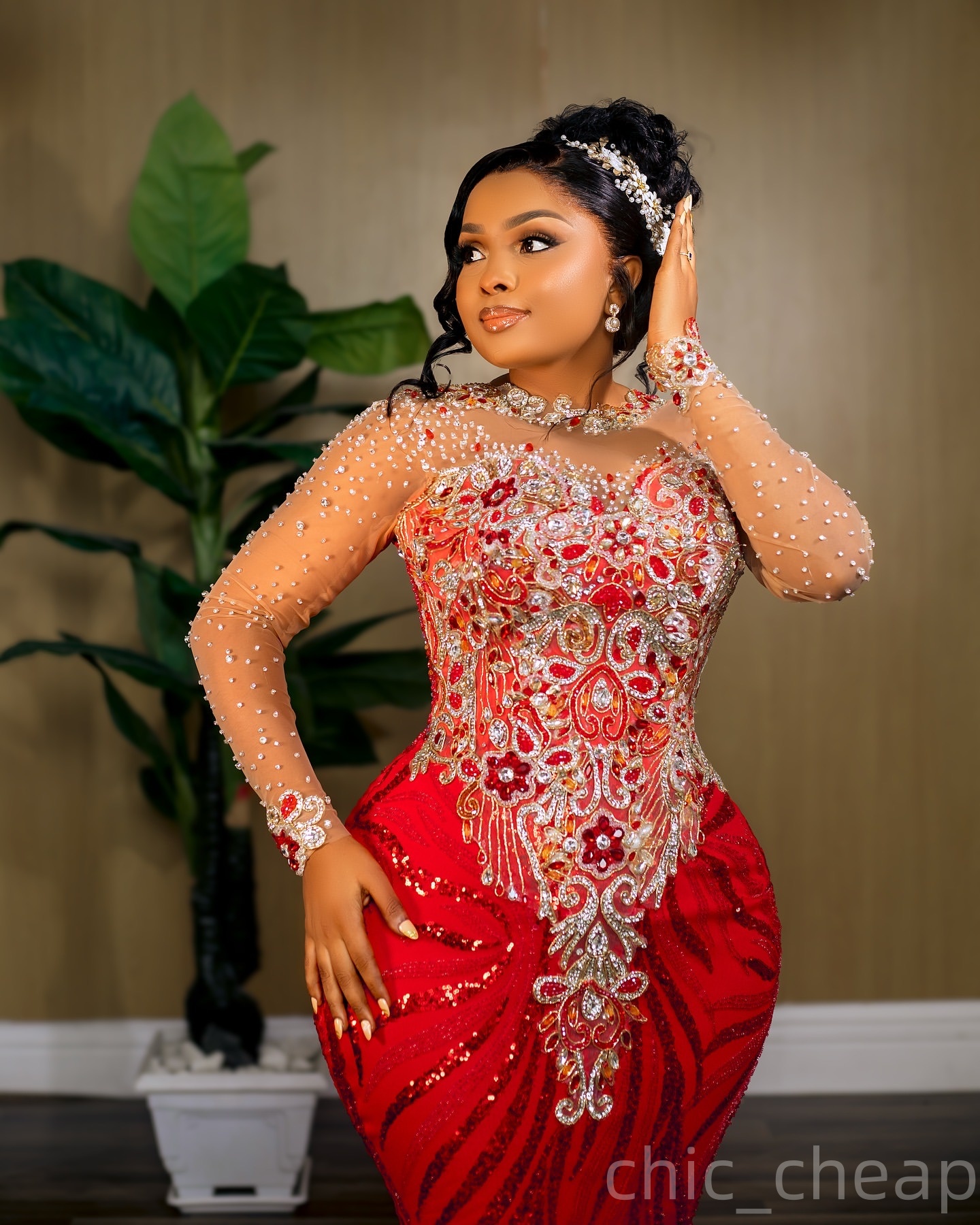 Red Mermaid Prom Dresses 2025 Beaded Lace Full Sleeves Sparkly Evening Formal Party Second Birthday Engagement Gowns Plus Size Dress For Special Occas