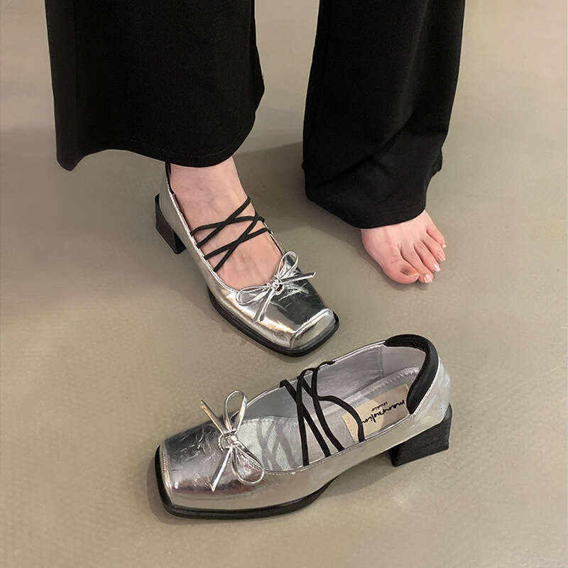 French Style Square Toe Ballet Flats Small Leather 2025 New Bowknot Shallow Mouth Chunky Heel Mary Jane Shoes for Women