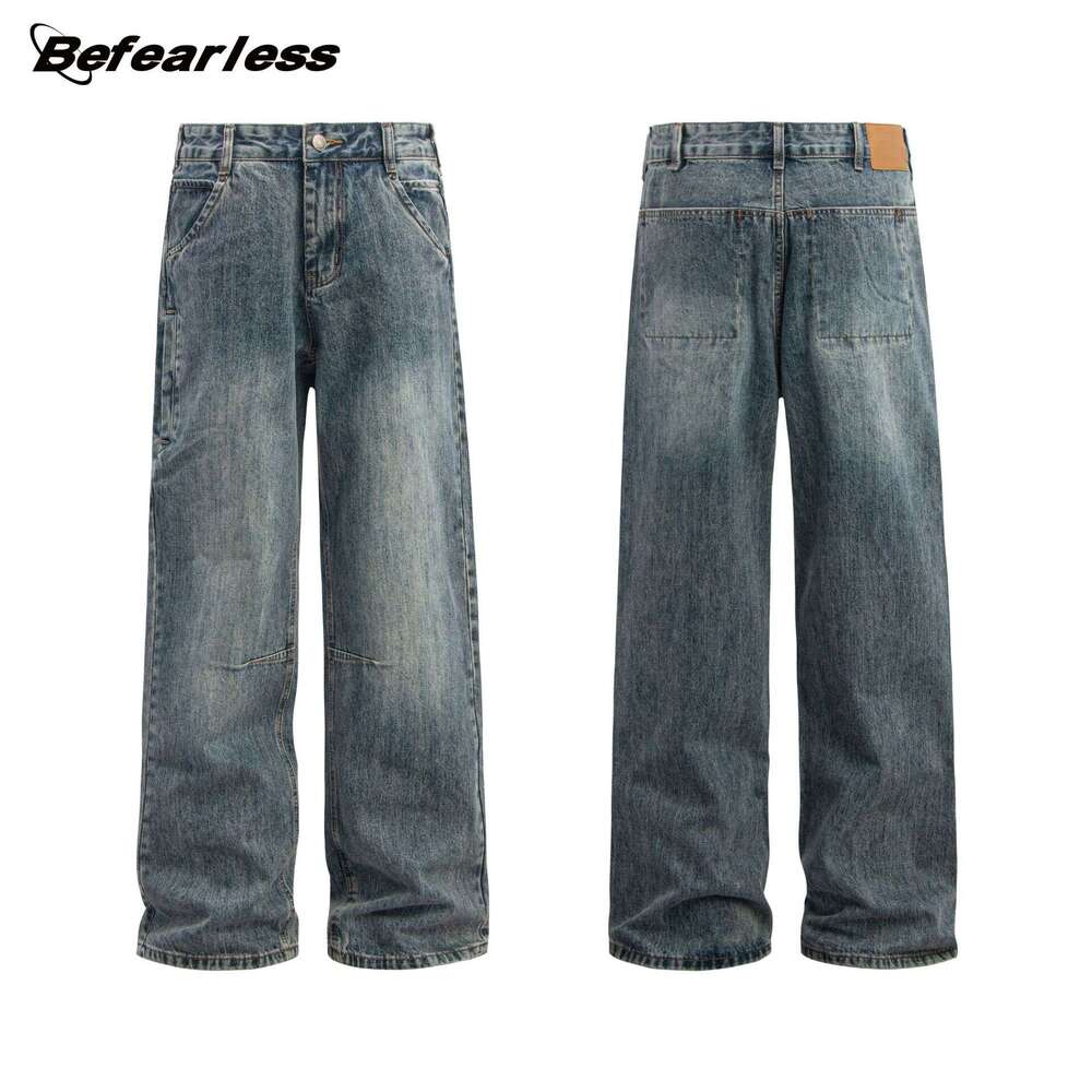 American Style Washed Vintage Loose Straight Jeans Unisex Wide Leg Casual Couple Pants B5