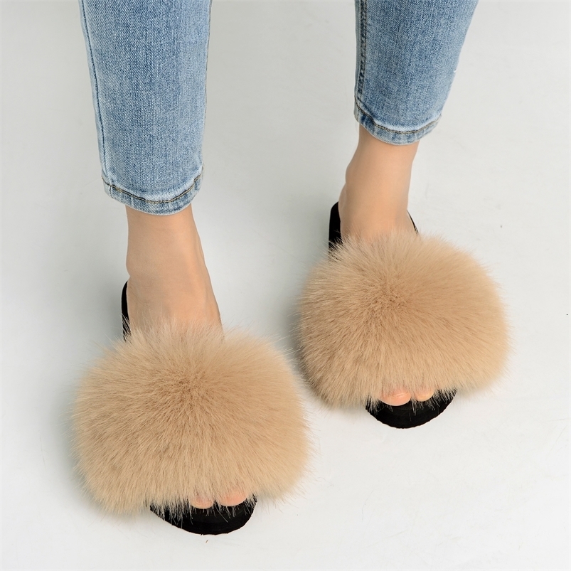 Style WomenS Furry Fur Slippers Fake Fox Fur Fluffy Sandals Summer Non-Slip Open-Toed Indoor Sandals 250814