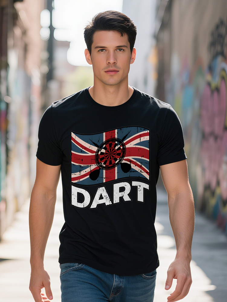 s Casual Short Sleeve T-Shirt British Flag Dartboard Print Design Black Regular Fit Summer Gift for Men