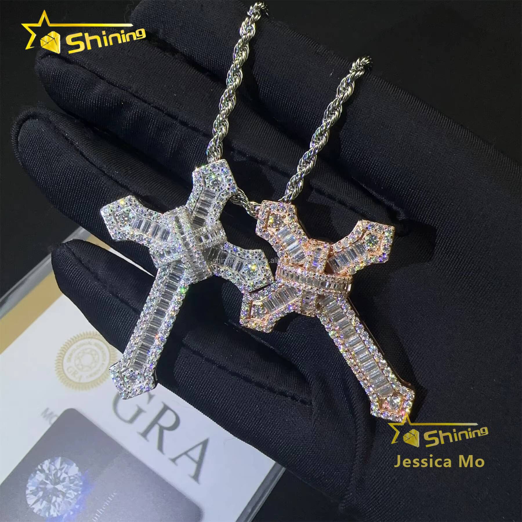New Arrivals Bulk Stock Hip Hop Stylish Rapper Jewelry VVS1 Moissanite Baguette Diamond S925 Silver Iced Out Man Cross Pendant