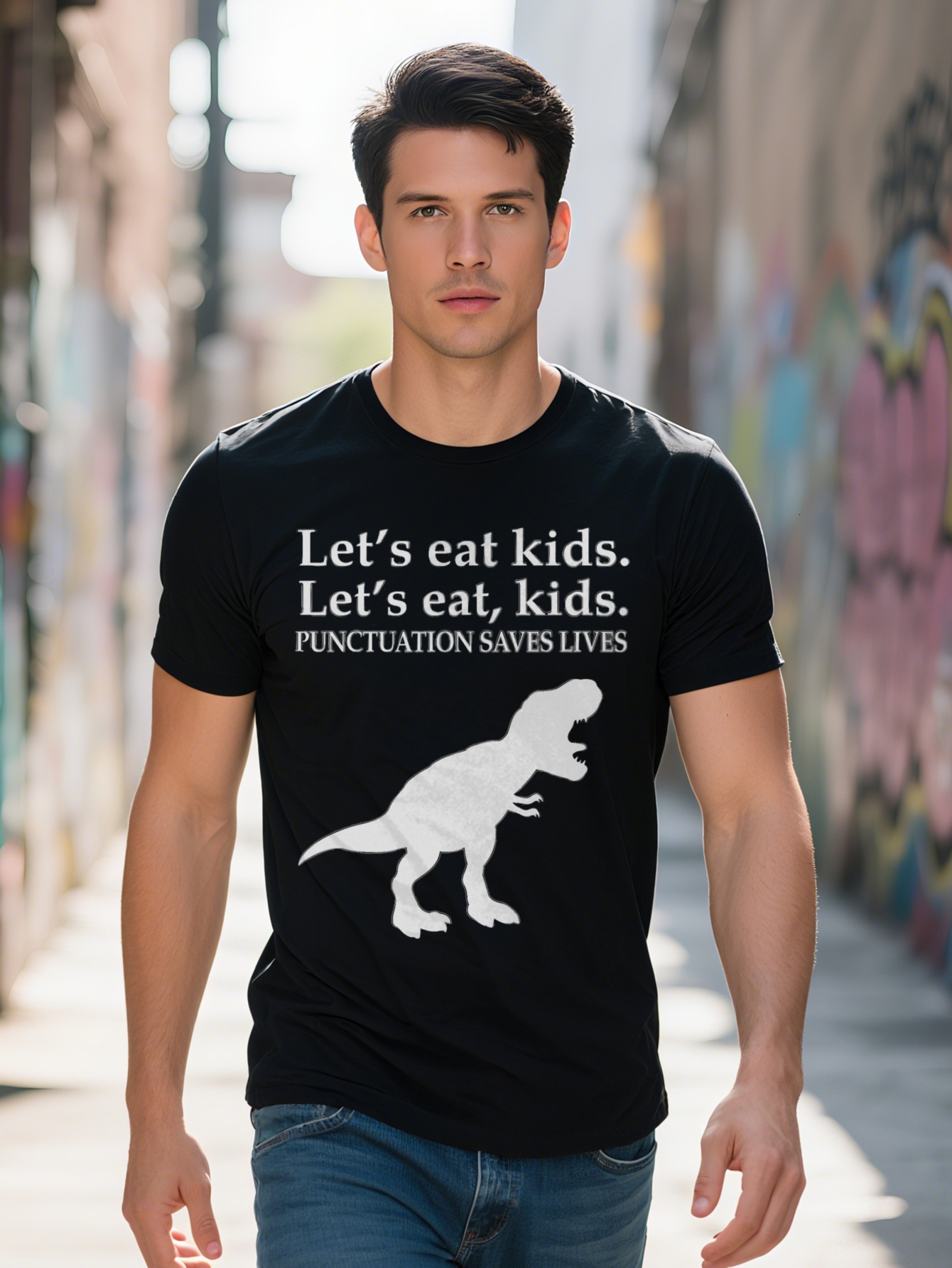 Men Casual Graphic T-Shirt Let S Eat Kids Humorous Print Black with White Silhouette Soft Comfortable Round Neck