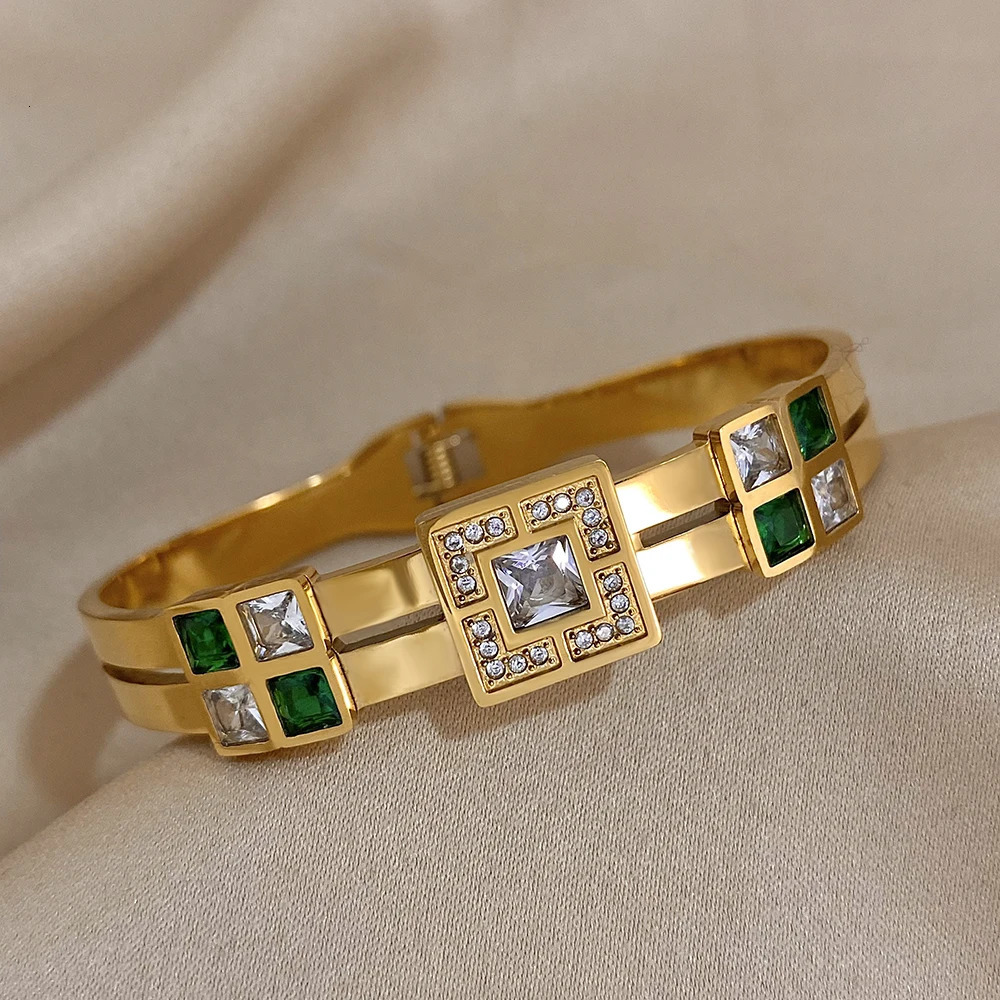 Royal Emerald Green White Zircon Stainless Steel Bangle Cuff Bracelet Italian Charm Large CZ Waterproof Bangles Jewelry 250812