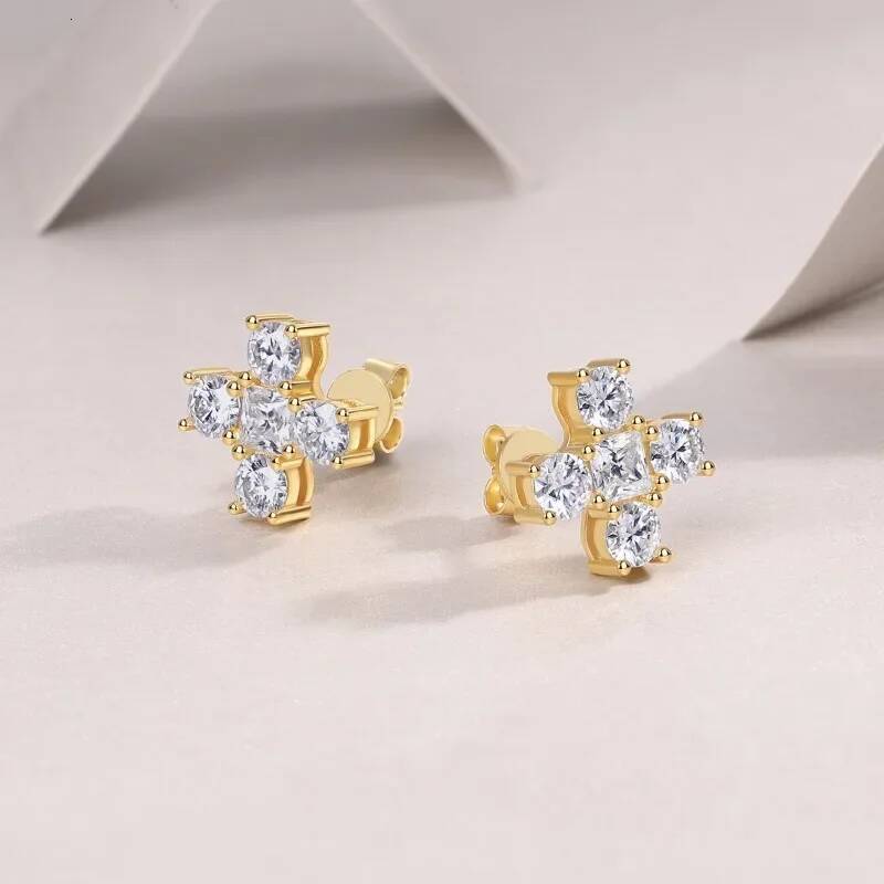 NKHOG Moissanite Stud Earrings 925 Sterling Silver 18K Gold Plated Sparkling Cross Diamond Ear Studs Women Jewelry Gift with GRA