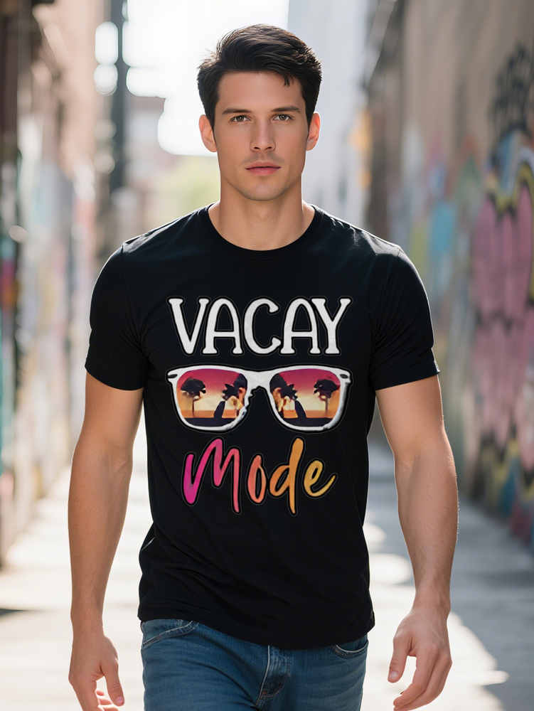 Men s Casual Vacay Mode Graphic T-Shirt Black Round Neck Tee with Colorful Letter Print Palm Tree Fashion Glasses