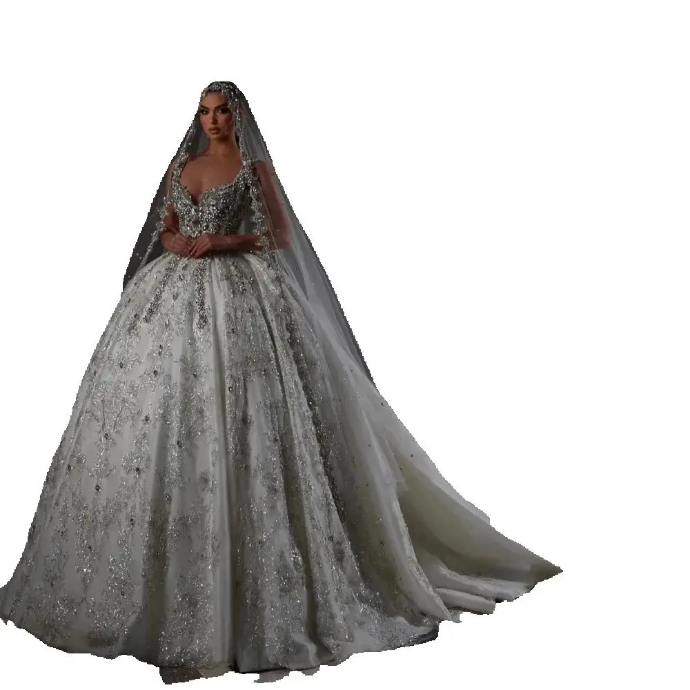 Spaghetti Straps Crystal Wedding Dress Ball Gown Elegant Sequins Lace Bridal Dress Customized Sleeveless Beads vestidos de novia