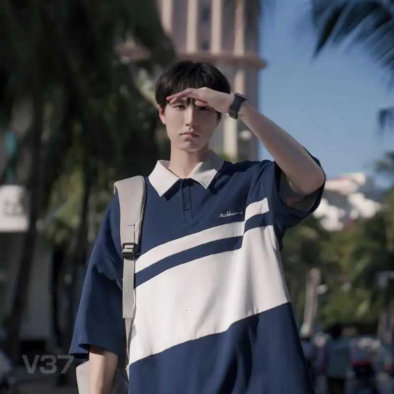 Mens Japanese Retro Polo Shirt Short Sleeved T-shirt Summer Thin Style College Style Casual Lapel Five Quarter Sleeved Top XJ250804