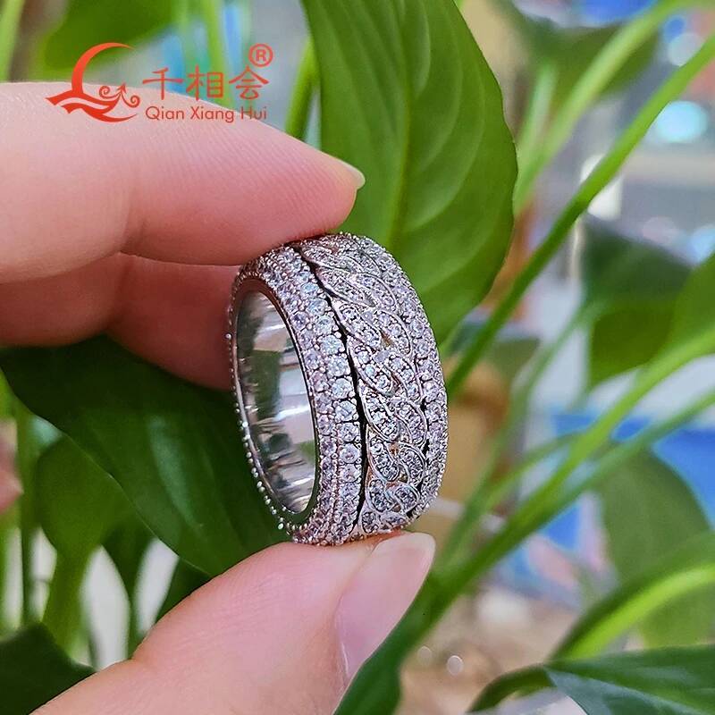 Hip Hop D VVS White Moissanite Double Rotatable Ring 925 Sterling Silver Eternity Band Unisex Jewelry Gift