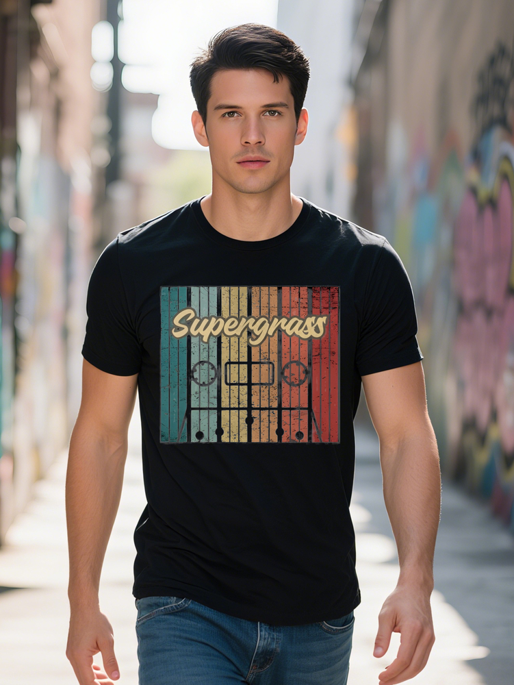 Men s Casual Cassette Tape Graphic T-Shirt Vintage Supergrass Print with Colorful Stripes Black Round Neck Summer