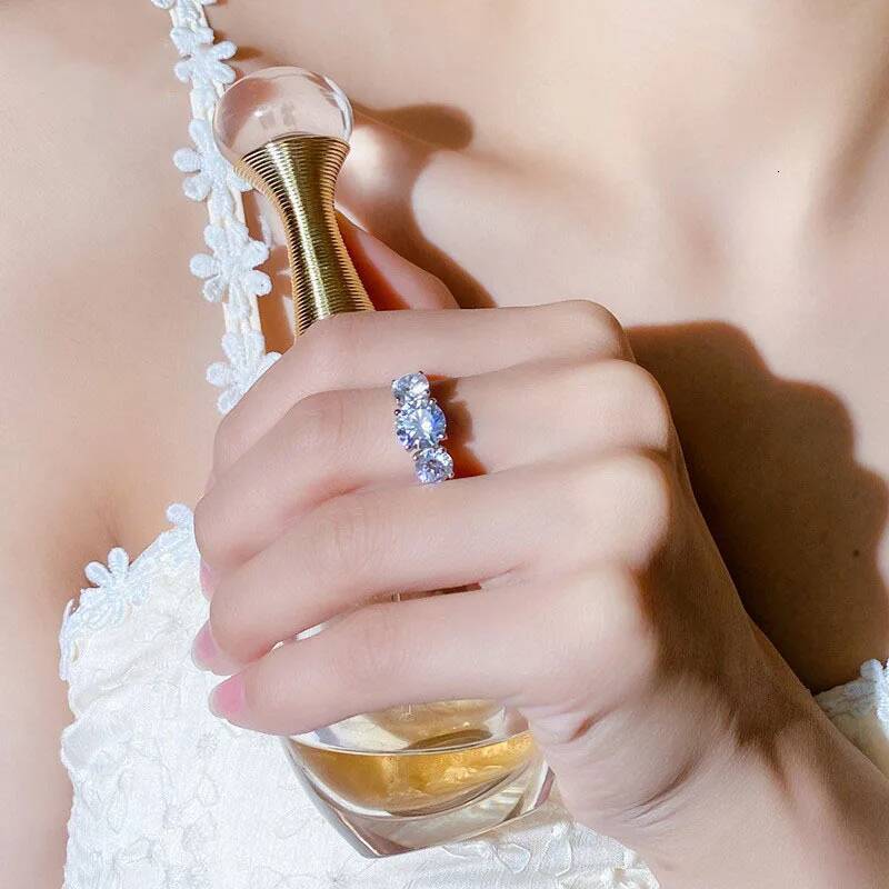 OXTAO Real 925 Silver Engagement Rings Ladies D Color Round Cut 3 Stone Wedding Engagement Promise Ring GRA Certified Jewelry