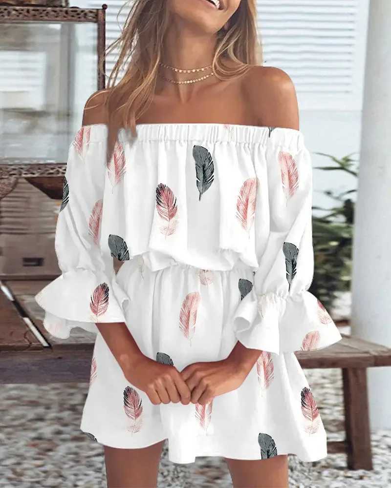 Women Summer Style Mini Dress Lady Casual Slash Neck Half Flare Sleeve Printed Dress Vestidos XJ250814