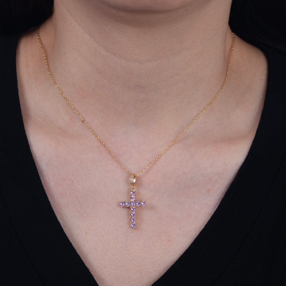 Hip Hop Cross Necklace for Women Sier Trendy Versatile Light Pink Zircon Pendant Collarbone Chain