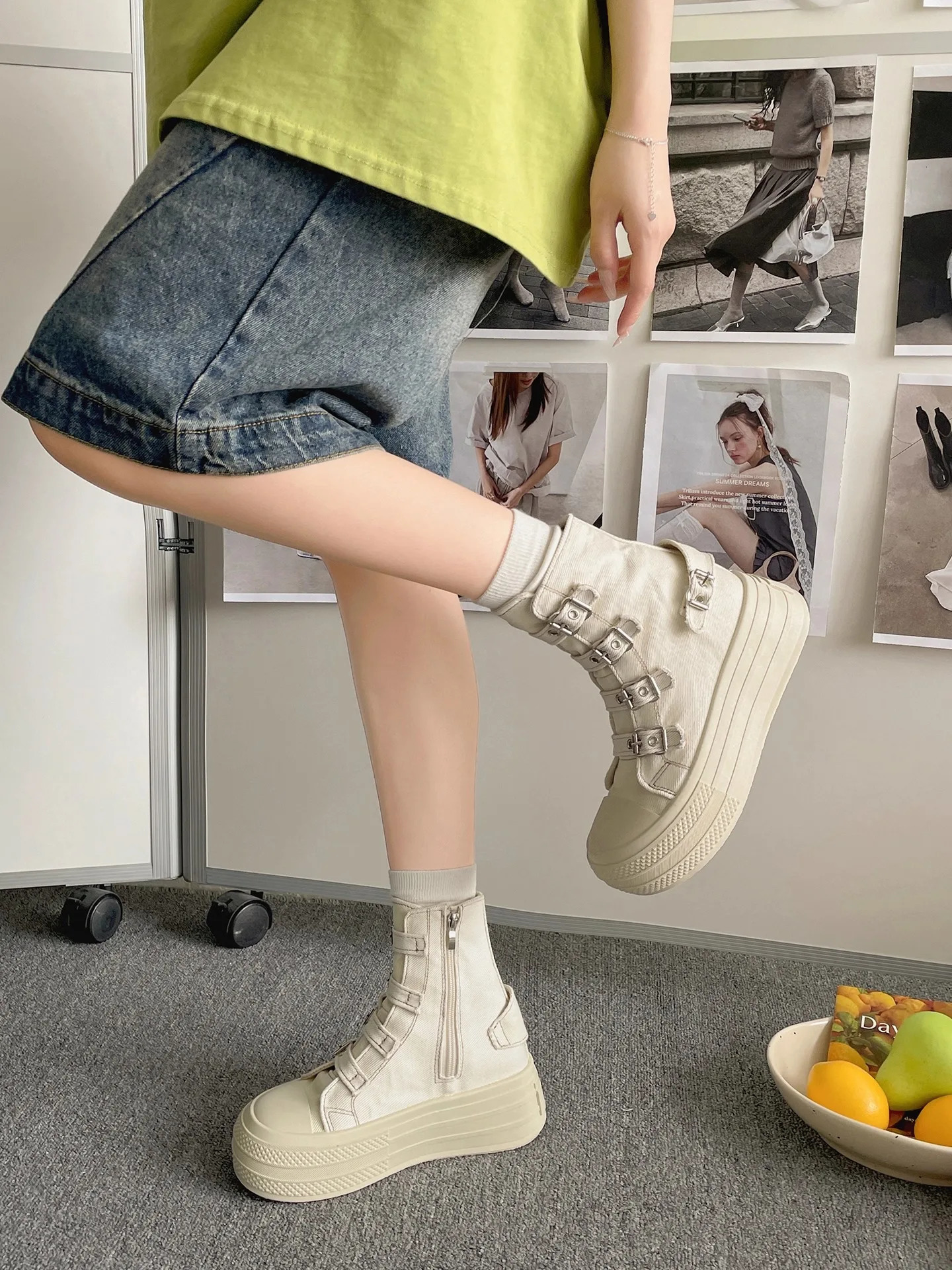 CHABELLA Womens High Top Canvas Shoe Buckle Strap Zip Simplicity Female Shoes High Street Grace Waling Shoes 250809