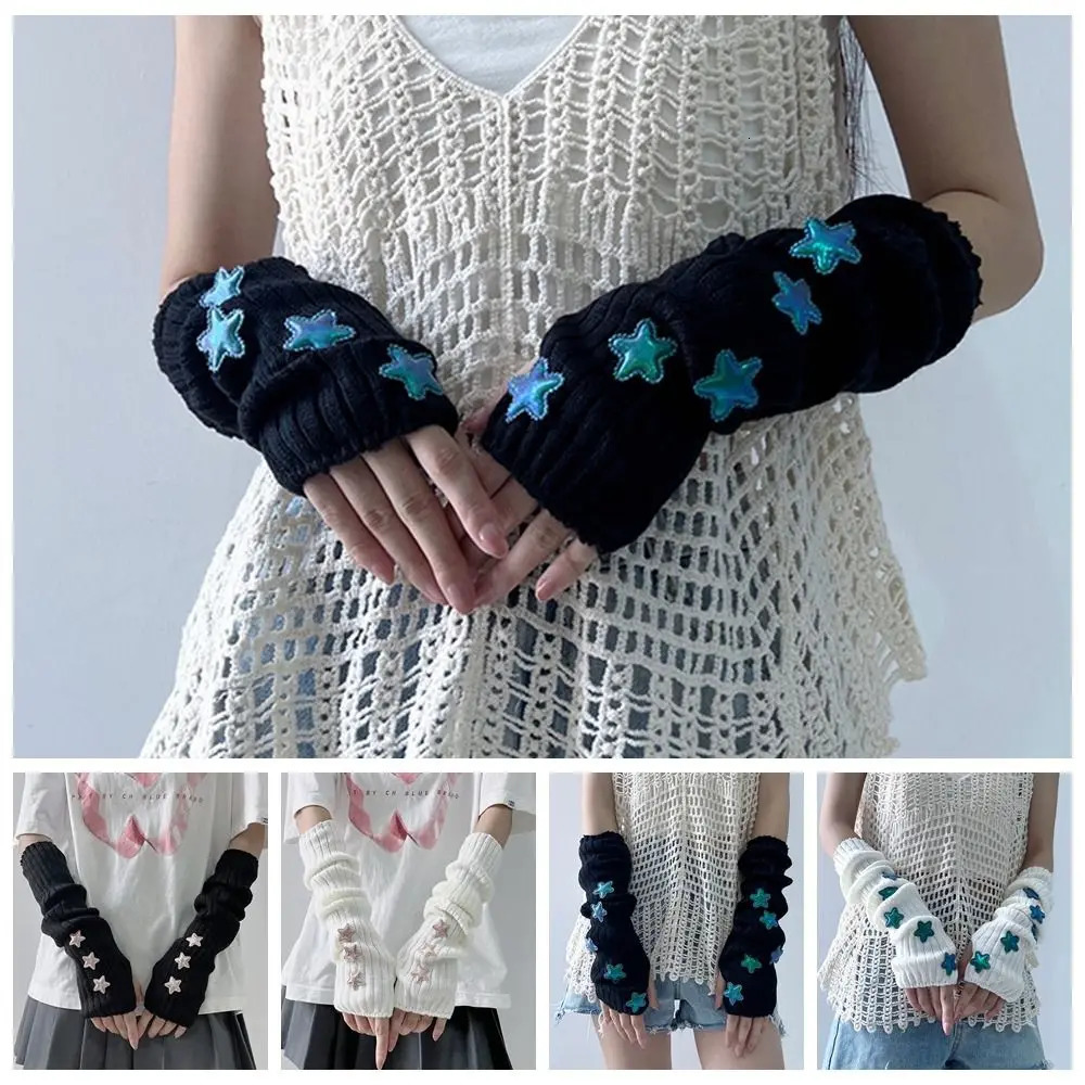 Punk Solid Color Star Knitted Gloves Y2k Gothic Wool Sleeve Cuff Long Hand Sleeve Arm Warmers Winter 250813