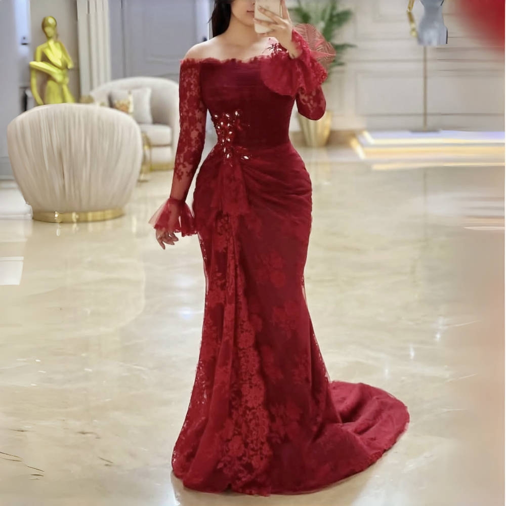 Elegant Aso Ebi Lace Mermaid Evening Dresses Long Sleeve Crystals Beaded Burgundy Prom Formal Occasion Gowns Pleats