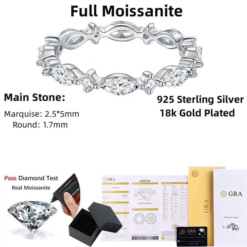 NKHOG Full Moissanite Eternity Rings 925 Sterling Silver Plated 18k Gold Women Wedding Band Marquise Rings Gift Fine Jewelry GRA