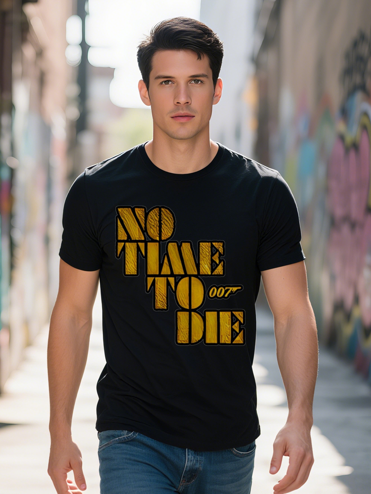 Men S Crew Neck T-Shirt with NO TIME TO DIE Print Black Stretchy Fabric Perfect Summer Ideal Gift for James Bond