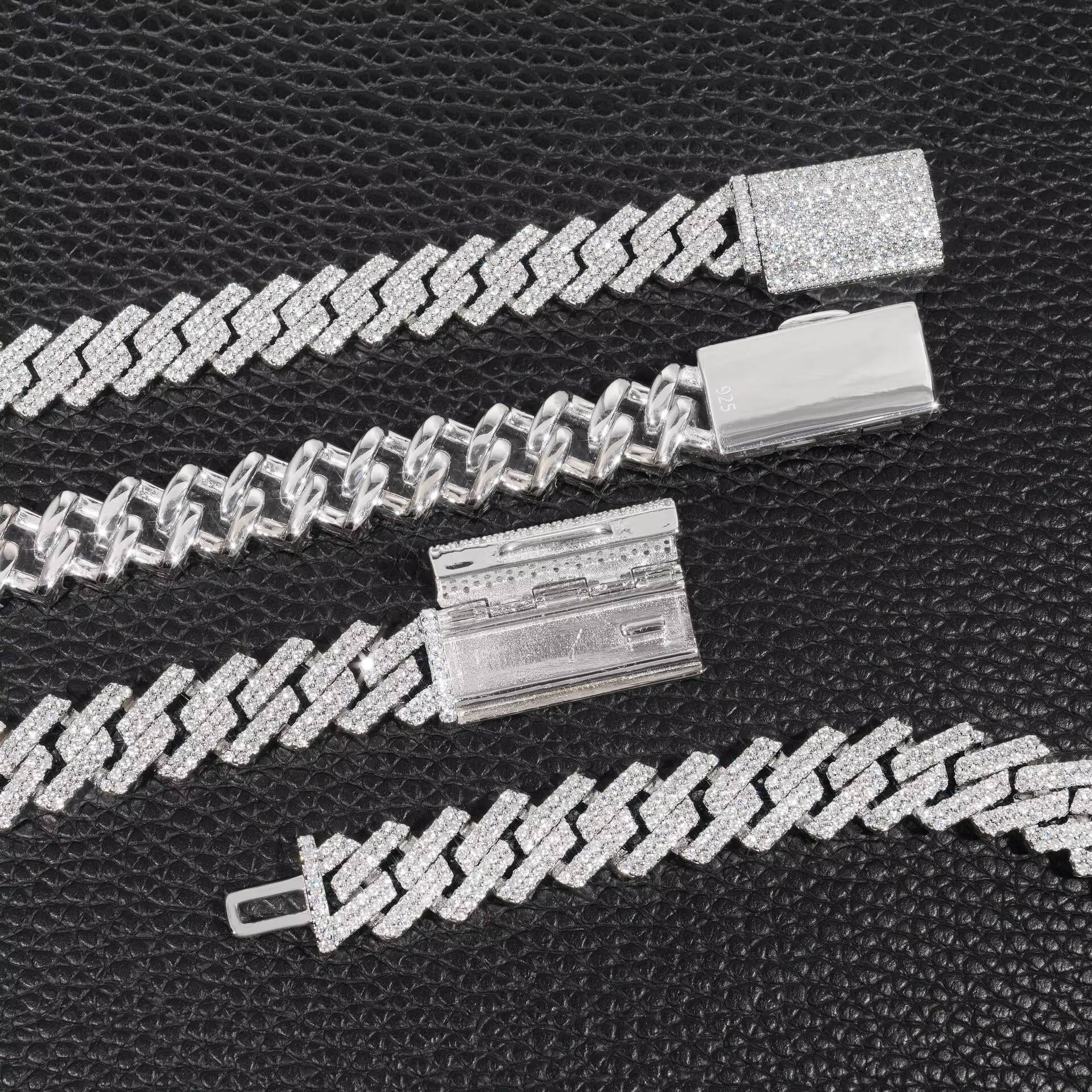 Pass Diamond Tester Hip Hop 925 Sterling Silver White Gold Plated Claw Set Double 2 Row VVS Moissanite 12MM Diamond Cuban Chains