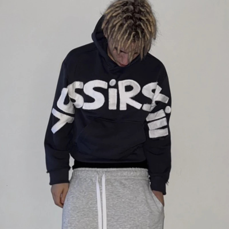 Mens American Retro Loose Fit Long Sleeve Pullover Hoodie Casual Letter Sticker Print Fabric Sweatshirt 250813