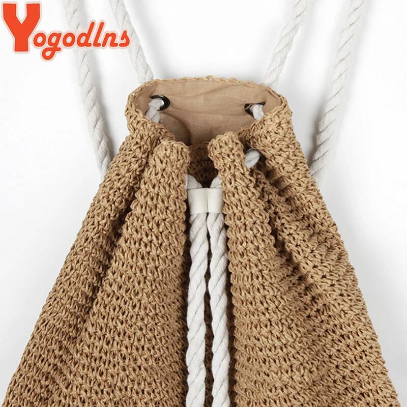 Yogodlns New Summer Women Straw Backpack Handmade Beach Drawstring Knapsack Knitted Crocheted Shoulder Travel Bag high-quality