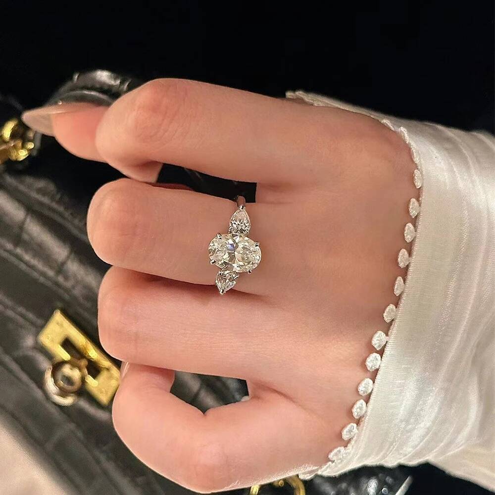 3/8carat Oval Cut Full Moissanite Engagement Ring with Pear Cut Lab Diamond 925 Sterling Silver 3-stone Wedding Rings for Women