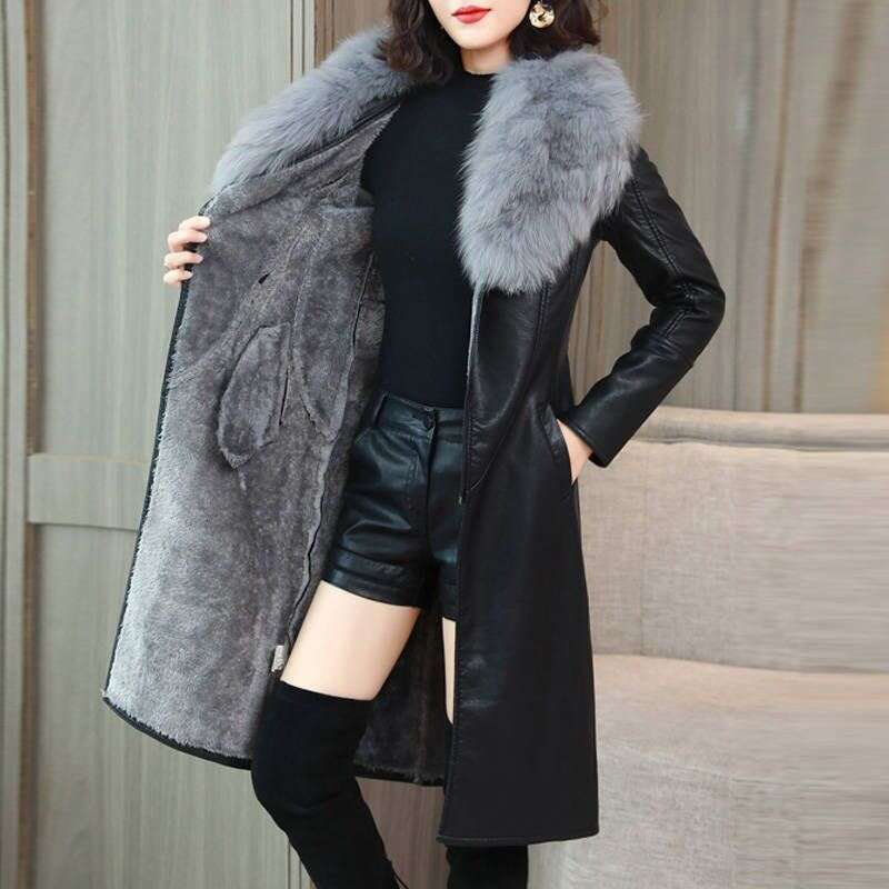 Big Fur Collar PU leather Jacket Autumn Winter Velvet Thicken Soft Faux PU leather Coat Women Korean Long Overcoat