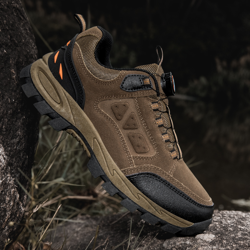 Men's genuine leather outdoor mountaineering shoes, summer city camel sports with rotating buttons, no shoelace tying, waterproof travel shoes