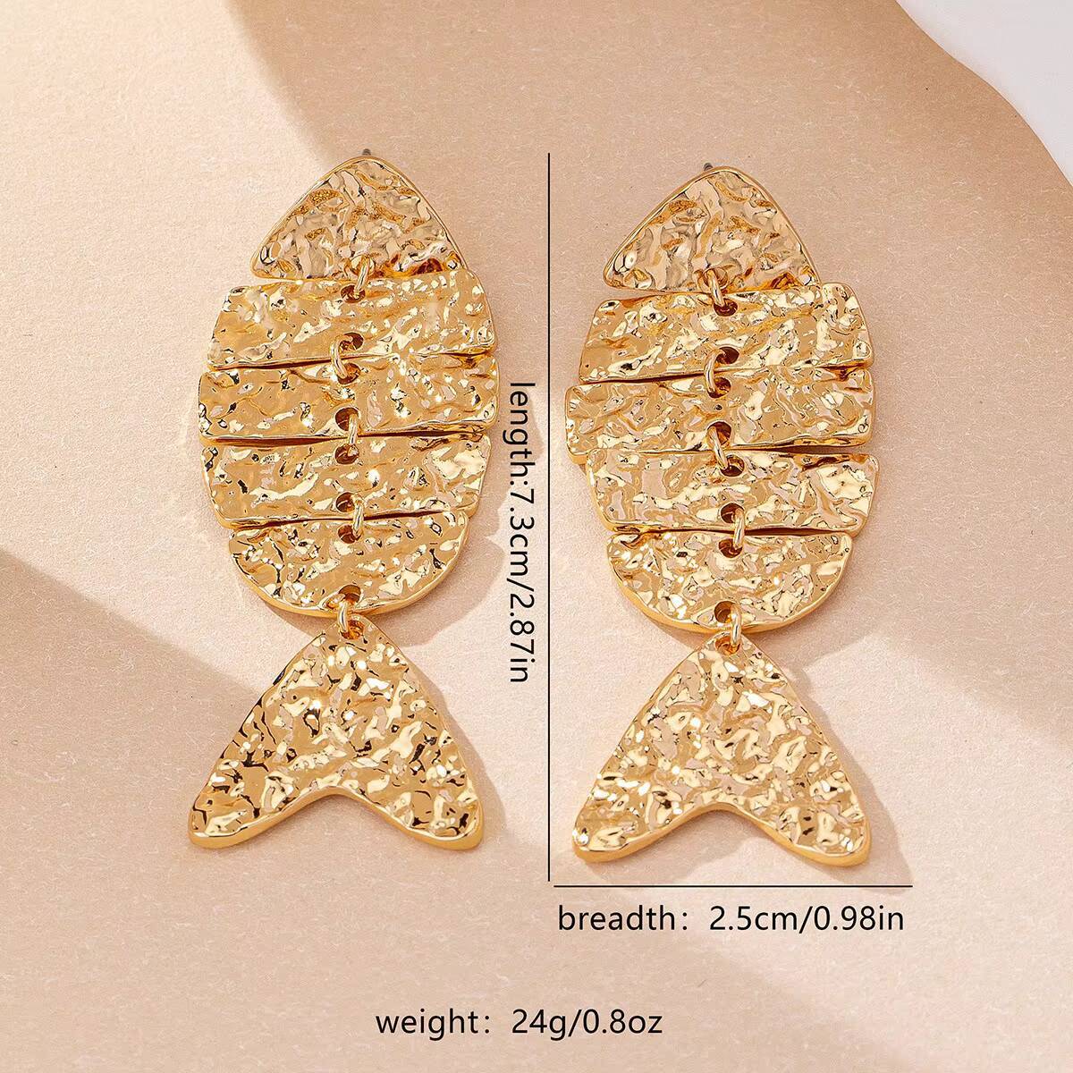 Female Celebrity Street Fashion Fashionable Women's Fishbone Pendant Earrings Irregular Hammered Pattern