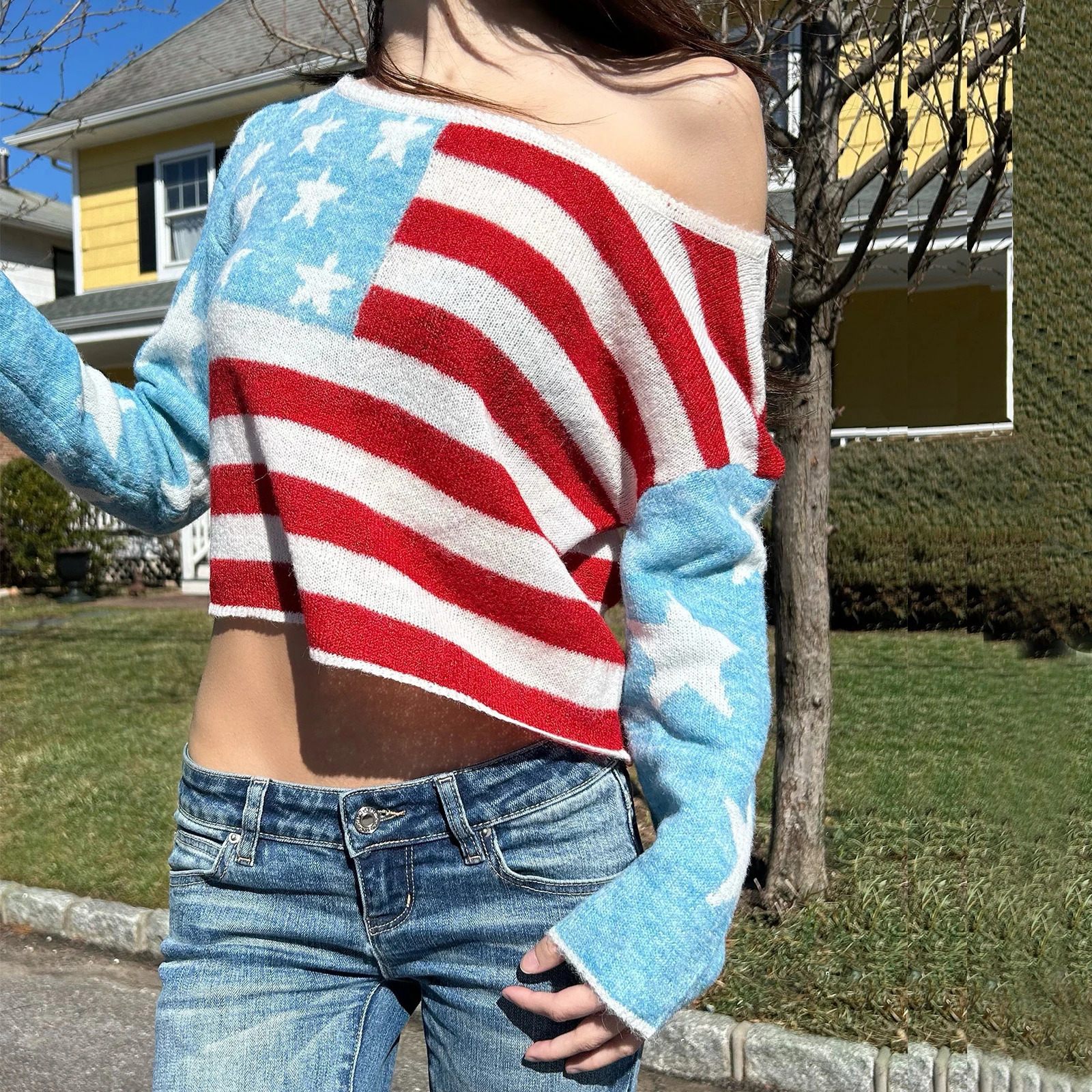 Puloru Off One Shoulder Patriotic Knit Tops Women Boat Neck Long Sleeve Thin Loose Fit Sweater American Flag Knitwears Crop Tops 250808