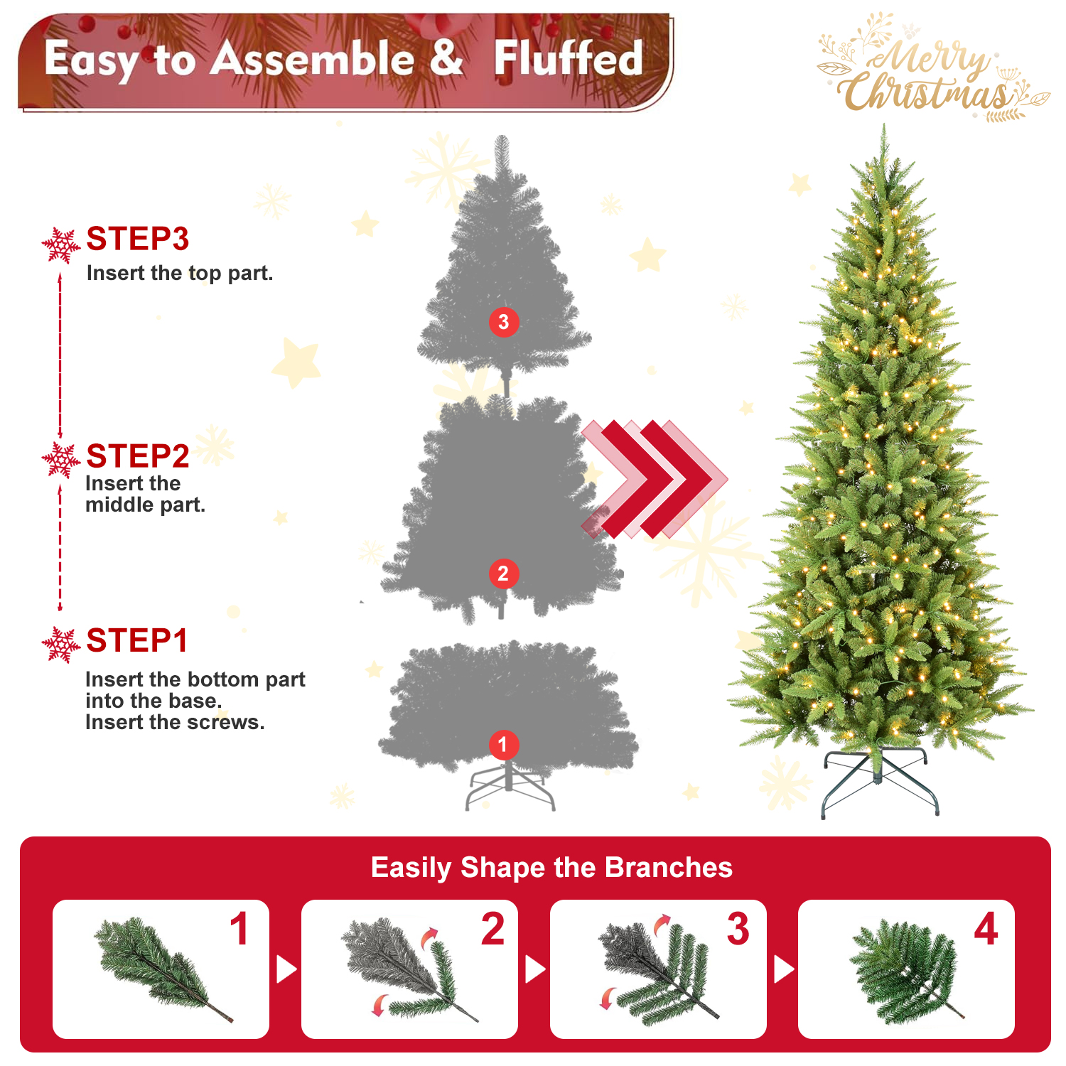 PE/PVC Artificial Christmas Tree Pre-lit with Warm White LEDs and Stable Metal Base