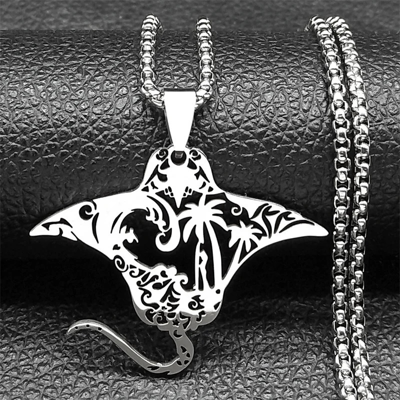 Cute Manta Ray Sea Devil Fish Pendant Necklace For Women Men Stainless Steel Gold Silver Color Coconut Tree Nature Chain Jewelry 250812