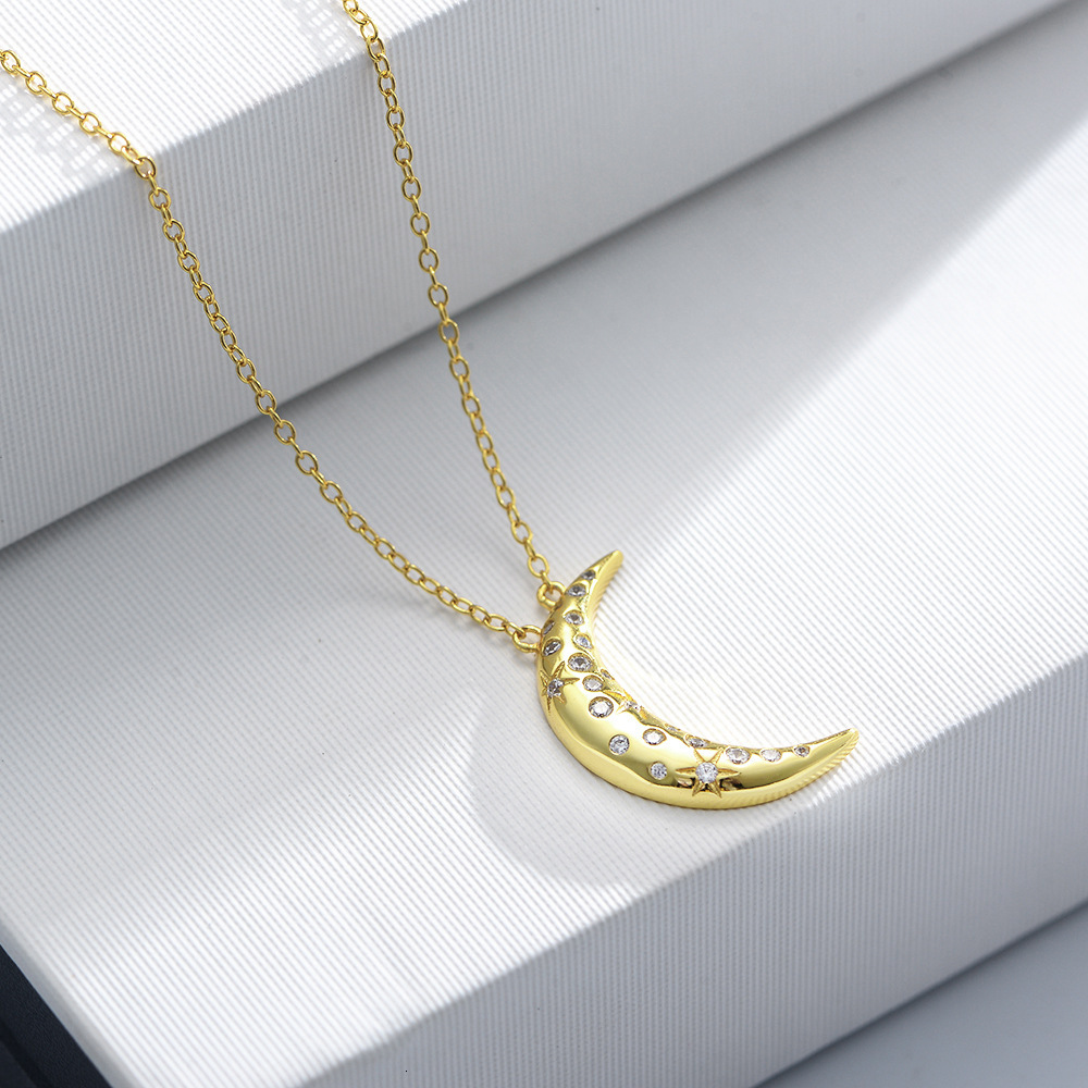 Korean Version S Pure Sier Ins Style Design Simple Versatile Inlaid Dia Moon Necklace for Women Collarbone Chain Jewelry for Women