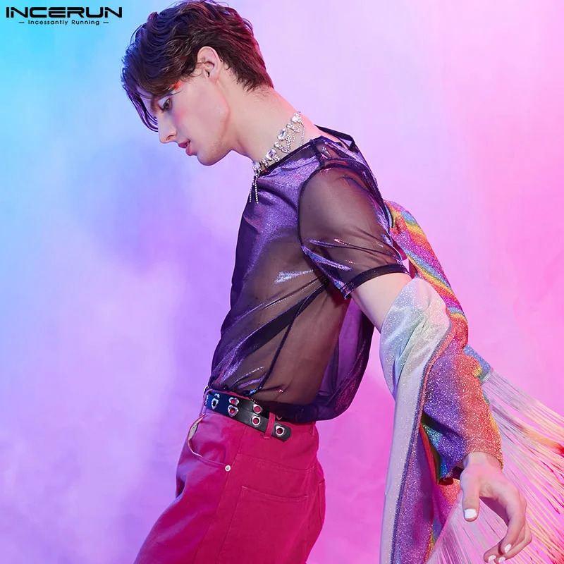 INCERUN Men T Shirt Mesh See Through Shiny O Neck Short Sleeve Sexy Tee Tops Streetwear Solid Party Nightclub Men Clothing 250813