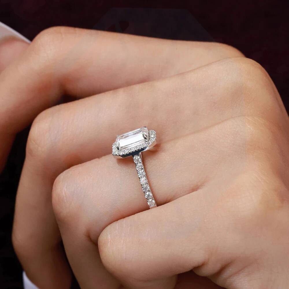 1/2CT Emerald Cut Moissanite Engagement Ring for Women 925 Silver D Color Halo Diamond Rings Wedding Band with Certificates