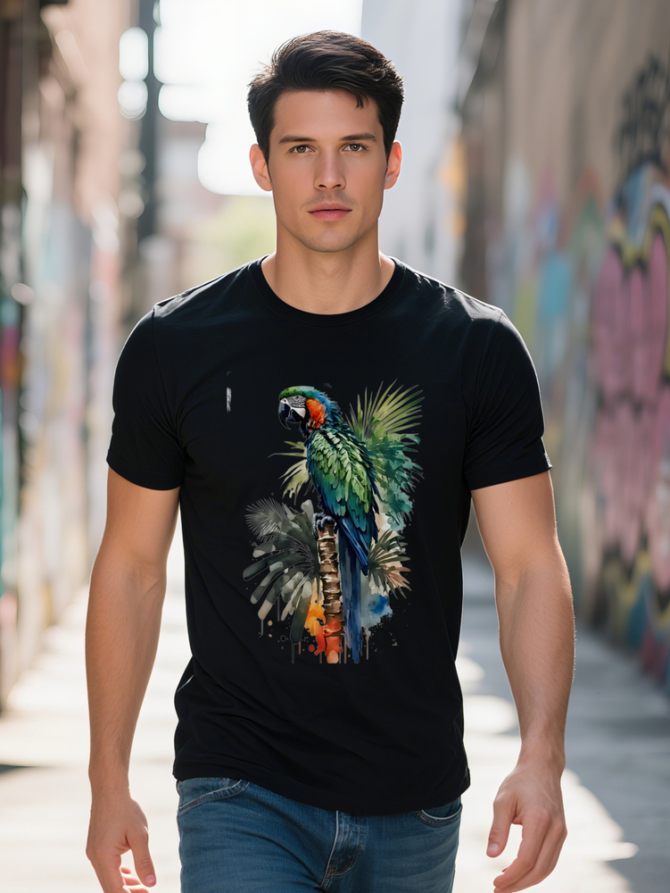 Casual Versatile Round Neck T-Shirt Parrot Tree Trunk Print Pattern Top Men's Gift