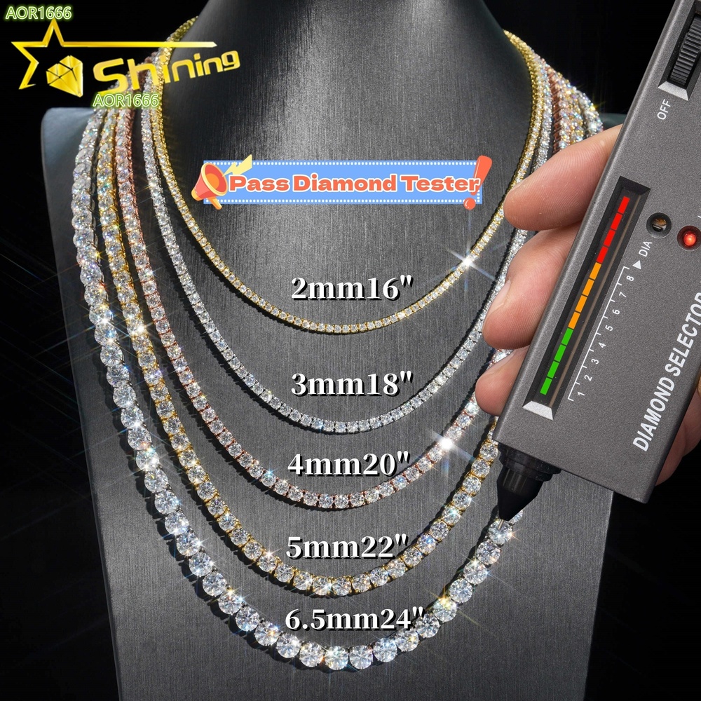 Pass Diamond Tester Large Stock Hip Hop Jewelry Iced Out 925 Silver 2mm 3mm 4mm VVS Moissanite Diamond Tennis Chain Necklaces